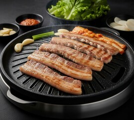 Thick-Cut Pork Belly Samgyeopsal (삼겹살) Grilling over High Heat
