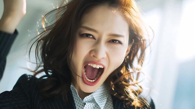 Japanese Angry business woman screaming stressed frustrated furious upset office job on transparent background