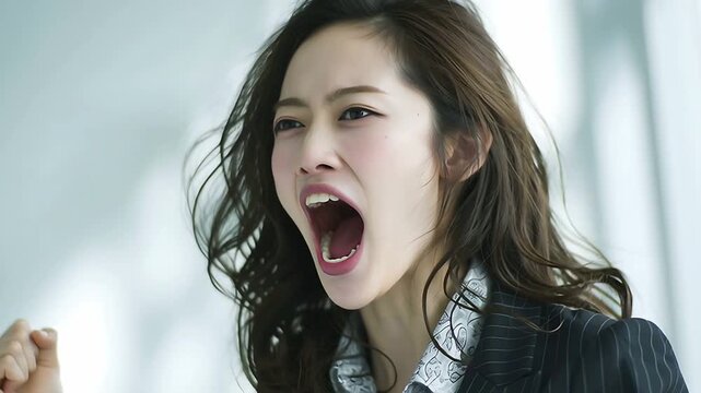 Japanese Angry business woman screaming with fist raised in frustration and aggression on transparent background