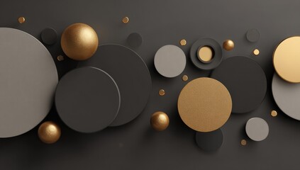 Abstract geometric design with circles and spheres in gold, gray, and black