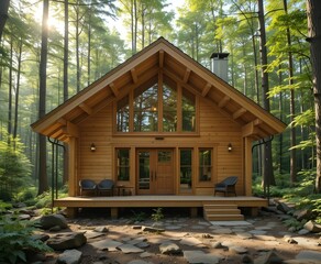 Cozy wooden cabin house in forest with sun rays nature and summer retreat