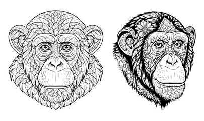 Vector art of two chimpanzee heads with detailed patterns, perfect for coloring and creative projects
