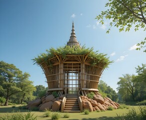 Sustainable bamboo structure pavilion with green foliage in nature architecture