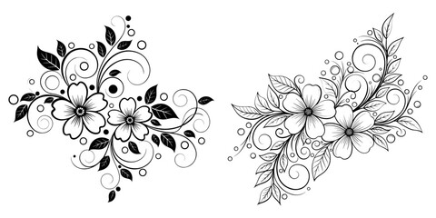 Vector art of two floral corner designs, , featuring delicate flowers, leaves, and swirls