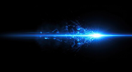 Abstract blue light burst with particles and lens flare against a black background.