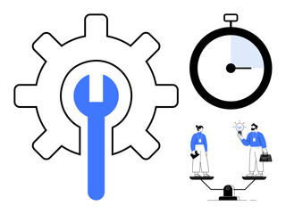 Gear and wrench for tool and process optimization, stopwatch for time management, teammates exchanging ideas on balance scale. Ideal for teamwork, productivity, problem-solving, innovation, time