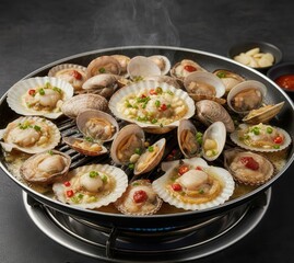 Assorted Shellfish Jogae Gui (조개구이) Butter-Grilled in Open Shells, Smoky Heat
