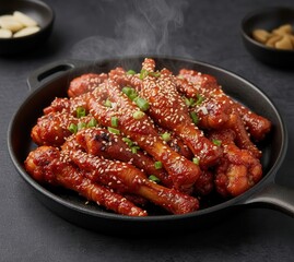 Spicy Chicken Feet Dakbal (닭발) Glazed on a Hot Skillet, Pub-Style Snack
