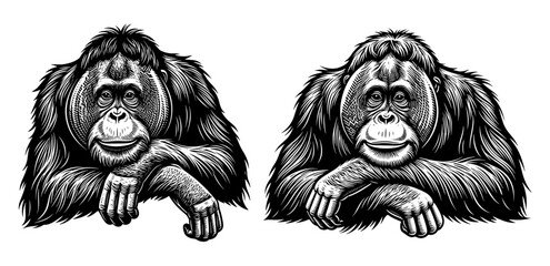 Vector art of two orangutans resting their heads on their hands, a charming wildlife scene © msmdesign