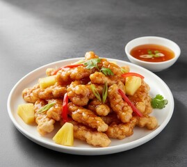 Sweet and Sour Pork Tangsuyuk (탕수육) with Pineapple and Peppers, Crispy Finish
