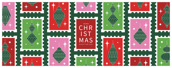 Christmas background with a set of postage stamps for letters. Colorful geometric design with Christmas decorations for winter holidays. Vector illustration for season banner, cover, advertising, sale