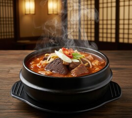 Ox Blood Hangover Soup Seonji Haejangguk (선지해장국) Steaming in a Stone Pot
