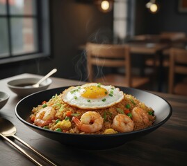 Seafood Fried Rice (해물볶음밥) on a Hot Plate with Sunny-Side Egg

