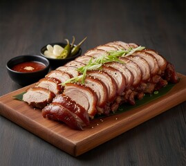 Sliced Jokbal (족발) Neatly Arranged on a Wooden Board, Warm Studio Light
