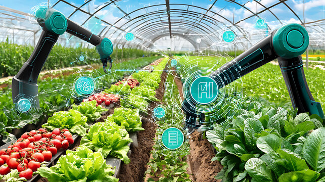 Automated robotic arms in a high-tech greenhouse cultivating fresh vegetables with AI monitoring systems