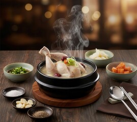 Ginseng Chicken Soup Samgyetang (삼계탕) Steaming in a Black Stone Pot
