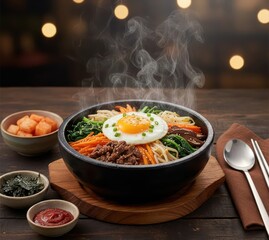 Mixed Rice Bowl Bibimbap (비빔밥) with Vegetables and Egg, Warm Stone Bowl
