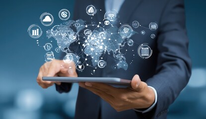 Businessman uses tablet, holographic global network with digital icons
