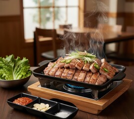 Grilled Duck Ori Gui (오리구이) Sliced on a Hot Plate with Lettuce Wraps
