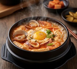 Seafood Soft Tofu Stew Sundubu Jjigae (순두부찌개) Boiling in a Stone Pot
