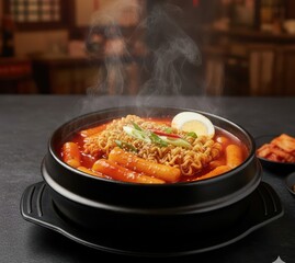 Rabokki (라볶이) Ramen and Rice Cakes in Gochujang Sauce, Street-Style Bowl
