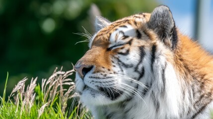 Obraz premium Side profile of a peaceful adult tiger resting among tall grasses in a sunlit natural environment with copy space on the left