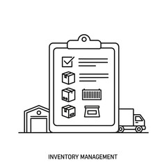 Inventory management illustration with clipboard, boxes, warehouse, and truck.
