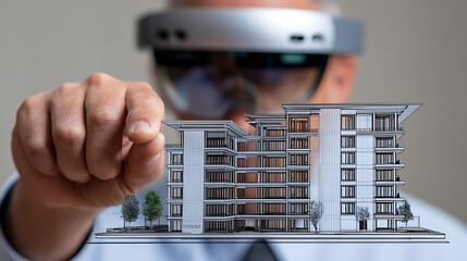 Person using augmented reality headset to view a 3D architectural model of a modern building