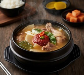 Spicy Duck Soup Ori Tang (오리탕) with Herbs in a Bubbling Stone Pot
