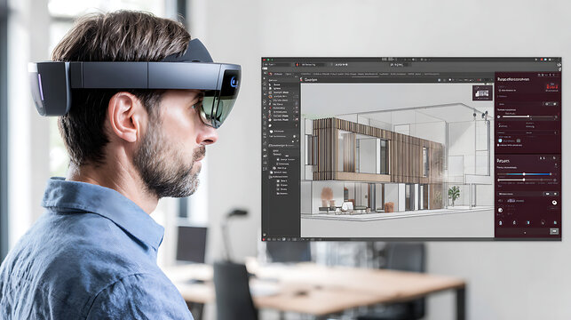 Man using virtual reality headset to view architectural design in 3D modeling software