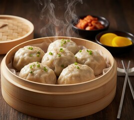 Steamed Dumplings Mandu (만두) in a Bamboo Steamer, Rising Steam
