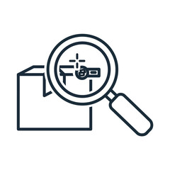 Magnifying glass inspecting a box, representing quality control and inspection processes.