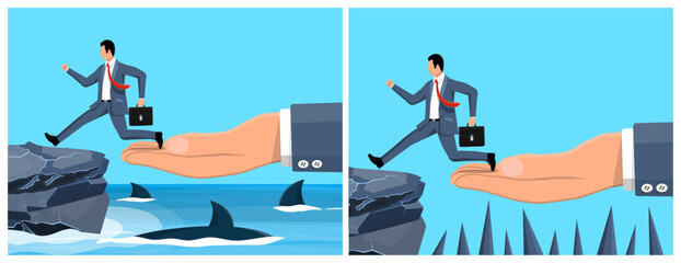 Naklejka premium Businessman running over gap on helping hand. Concept of business support and risk management. Flat style vector set illustration.
