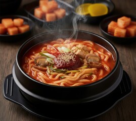 Hearty Spicy Knife-Cut Noodle Soup Eolkeun Kalguksu (얼큰칼국수) in Stone Pot
