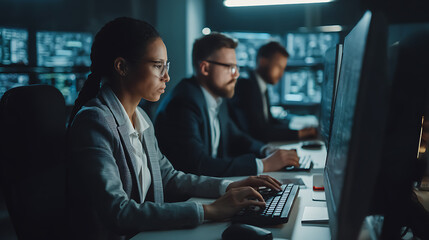 Professionals working on computers in a dimly lit office environment with multiple monitors displaying data.