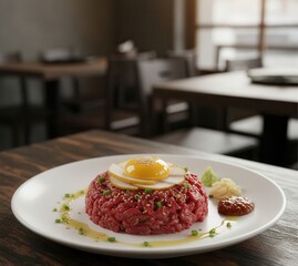 Korean Beef Tartare Yukhoe (육회) with Egg Yolk on a Plate, Clean Restaurant Setting
