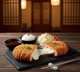 Cheese Pork Cutlet Tonkatsu (치즈돈까스) with Gooey Mozzarella, Crispy Panko Crust
