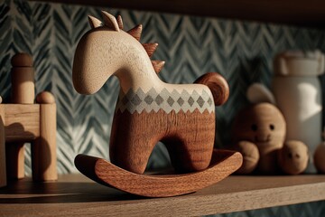 Wooden rocking horse with geometric pattern sitting on a shelf, symbolizing childhood and play