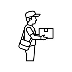 A line art illustration of a delivery person wearing a cap and carrying a package and a messenger bag.