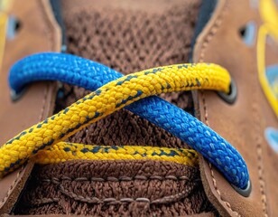 Detailed close up of brown shoe with vibrant blue and yellow braided laces.