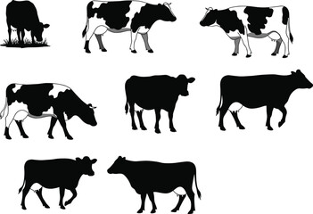 Cow silhouette collection, dairy cattle illustration, farm animal vector, grazing cow artwork, livestock graphic, black cow drawing, domestic cattle design set