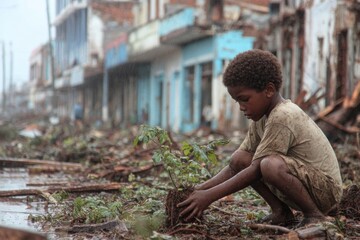 Young boy planting a sapling among debris, symbolizing new life and rebuilding after catastrophe