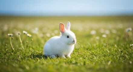 A small, white rabbit sits in a grassy field filled with white flowers. Sunny day, soft focus