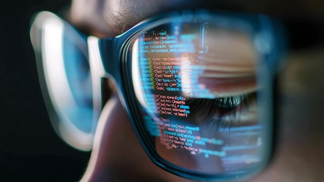close up of a eyeglasses of programer or hacker to analysis data and coding Ai photo