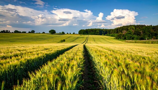 Lush green field under a partly cloudy sky