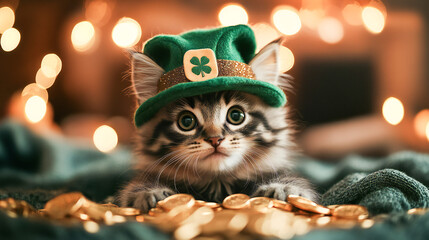 Cute Kitten in St. Patrick&rsquo;s Day Leprechaun Costume with Gold Coins &ndash; Festive Holiday Digital Art
