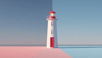 Fototapeta premium Pastel lighthouse on a beach with split color scheme