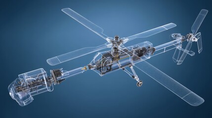 Futuristic wireframe drone model in space with transparent internal structure and spinning propellers against sleek blue background