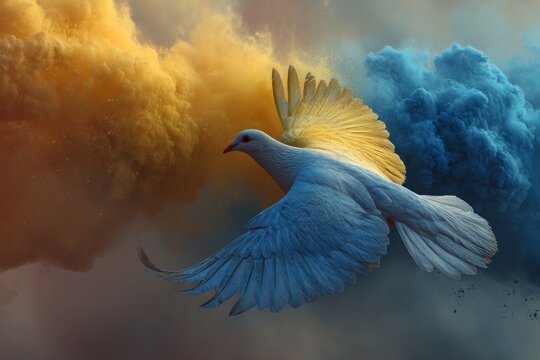 Dove flying with wings colored in yellow and blue smoke clouds symbolizing peace and freedom