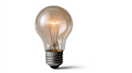 Side view of glowing incandescent light bulb with visible filament and soft illumination against white background